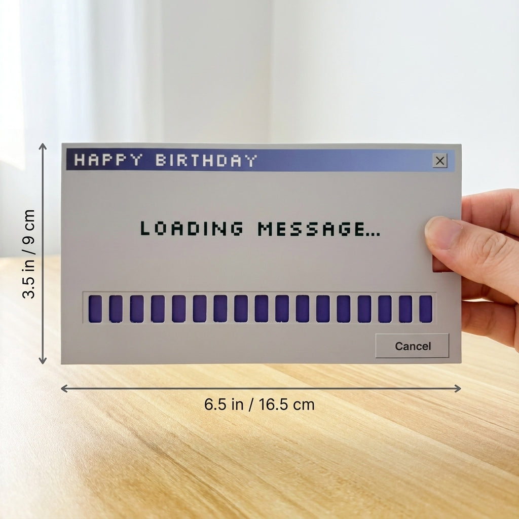 Size guide showing the loading bar birthday card measuring 6.5 x 3.5 inches (16.5 x 9 cm).