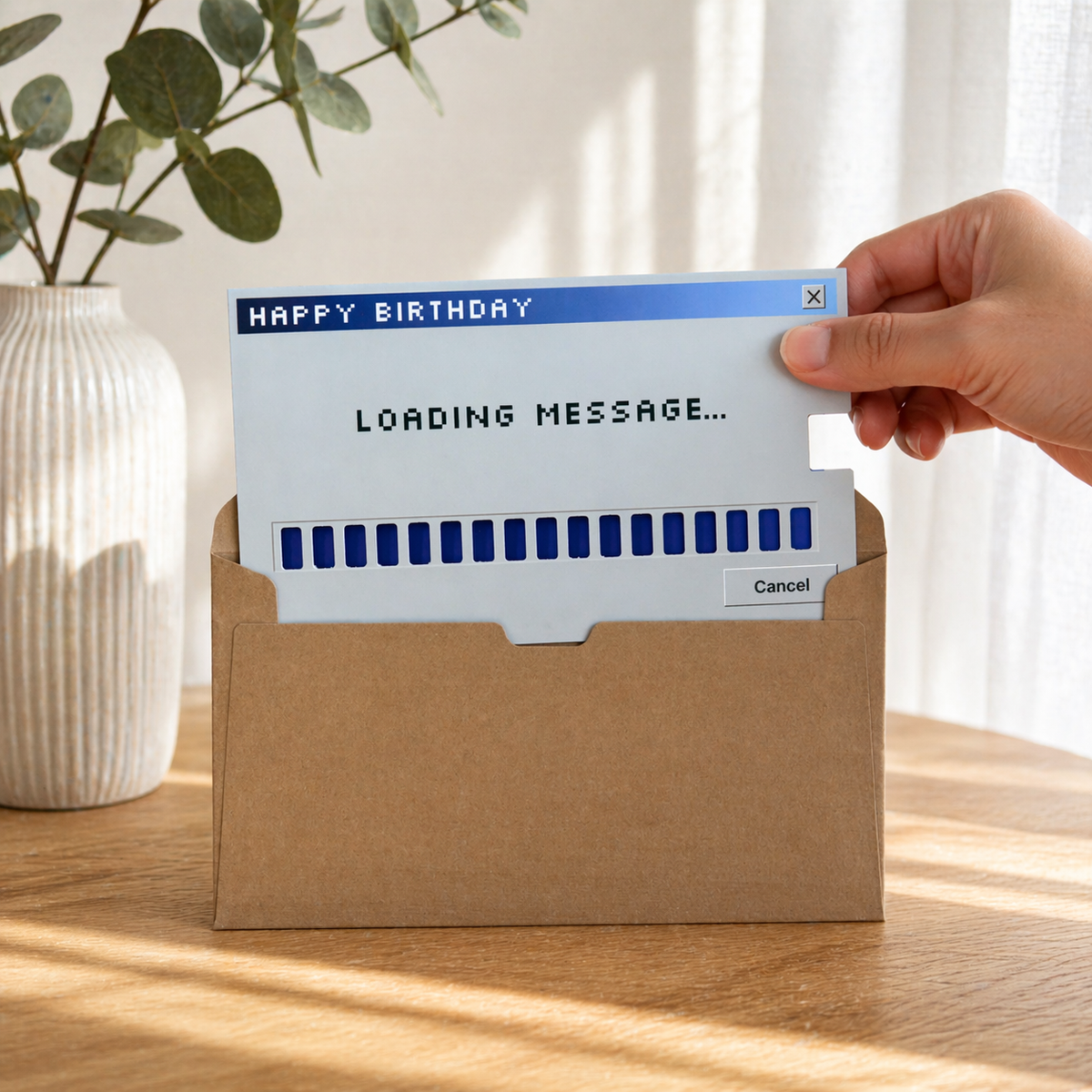 Hand pulling a retro Happy Birthday loading message card out of a kraft envelope.