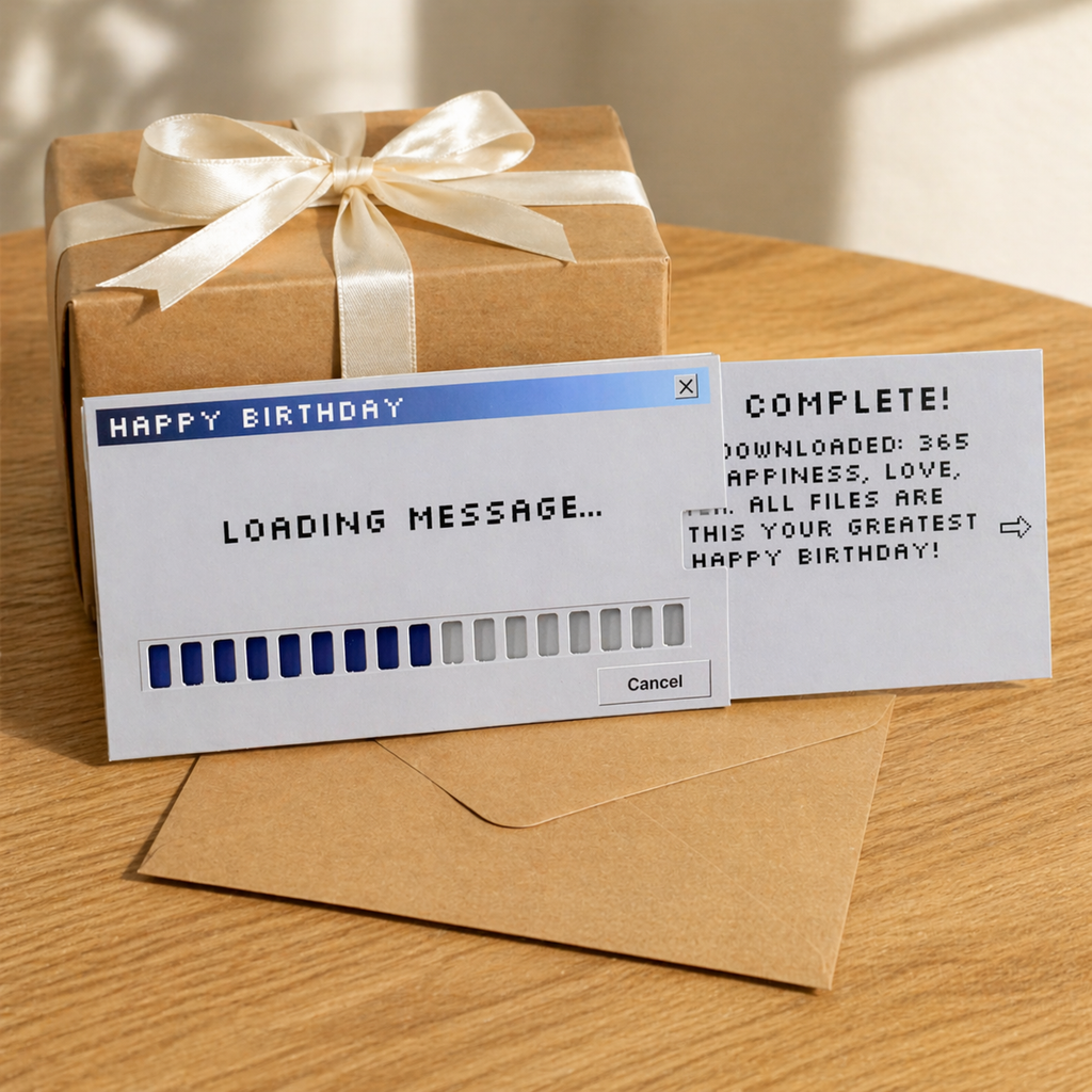 Loading bar birthday card with its message insert partly pulled out, beside a gift box and kraft envelope.