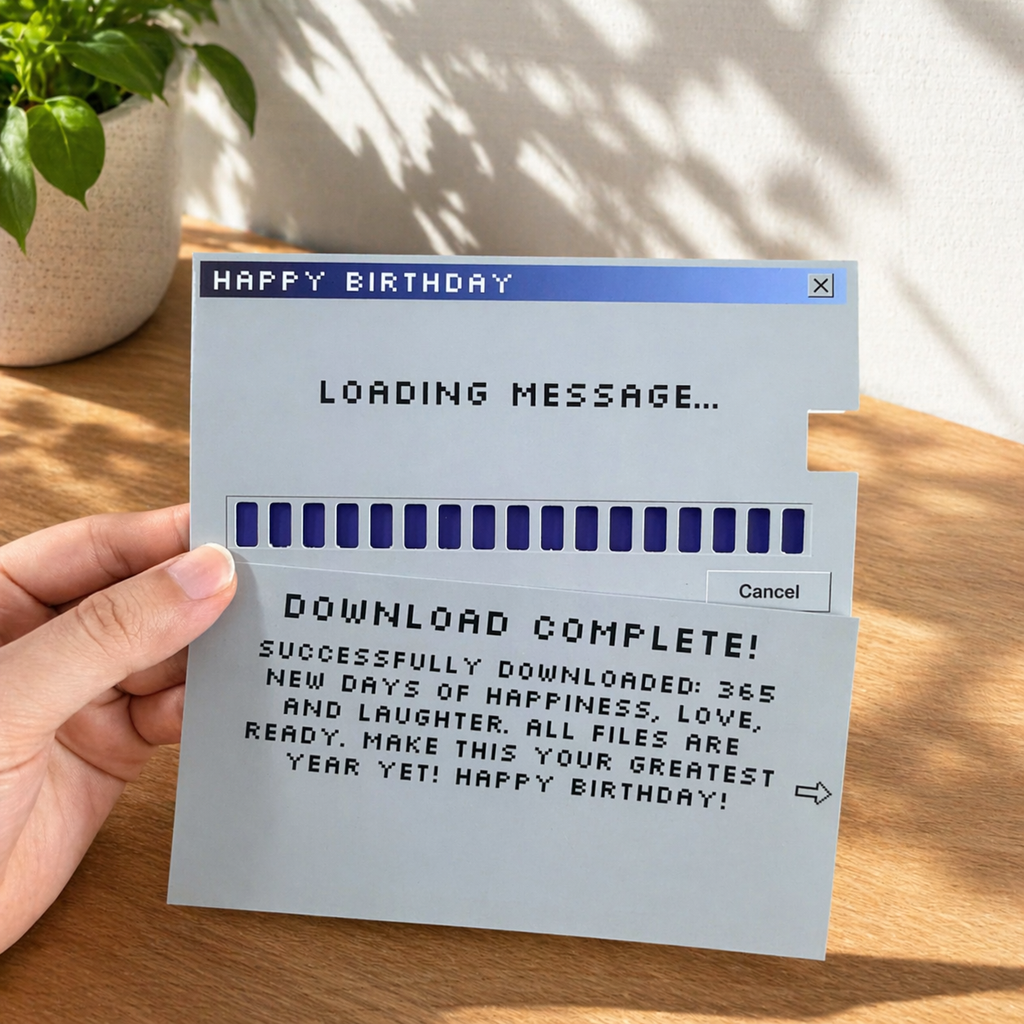 Hand holding a retro birthday card with the Download Complete message fully revealed.