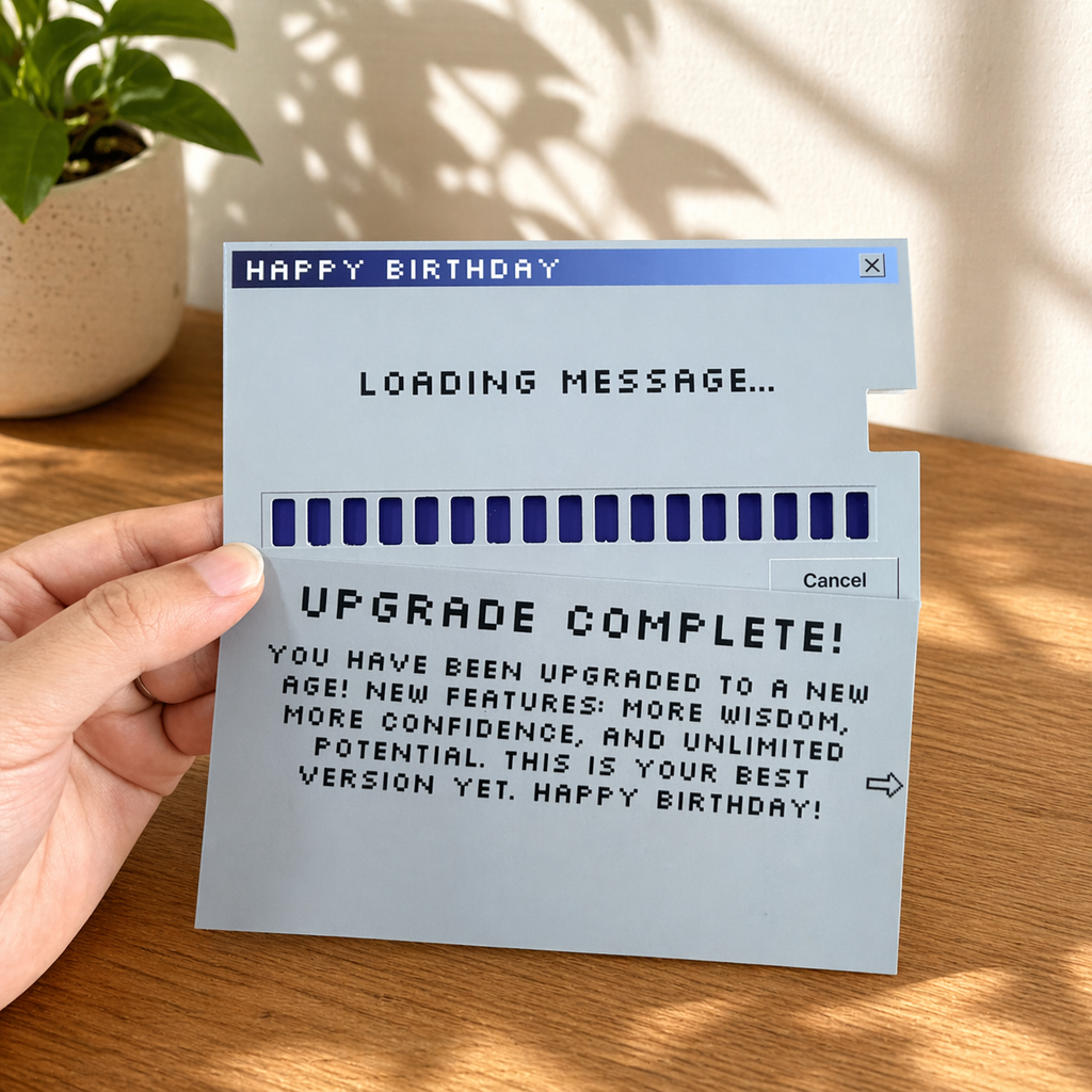 Hand holding a retro birthday card with the Upgrade Complete message fully revealed.
