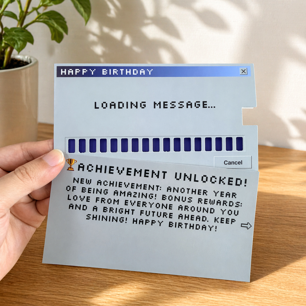 Hand holding a retro birthday card with the Achievement Unlocked message fully revealed.