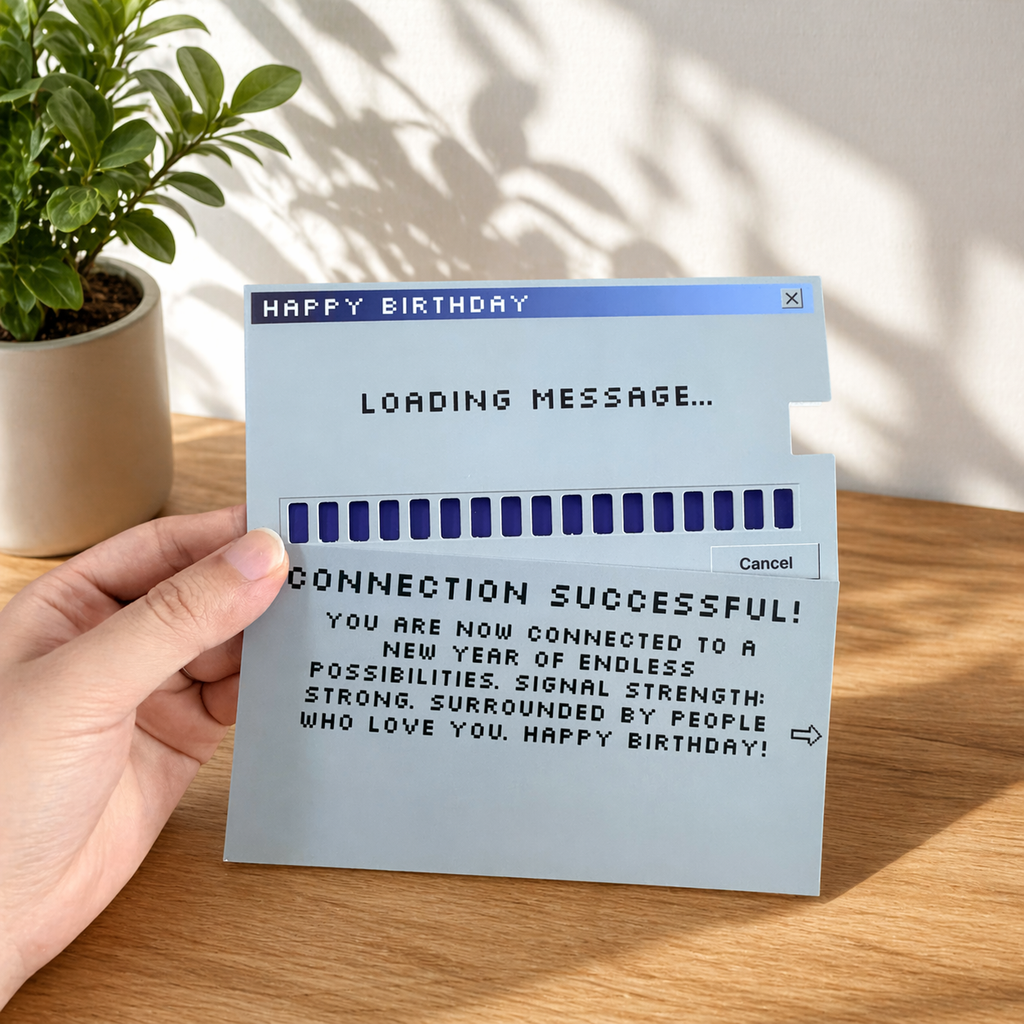 Hand holding a retro birthday card with the Connection Successful message fully revealed.
