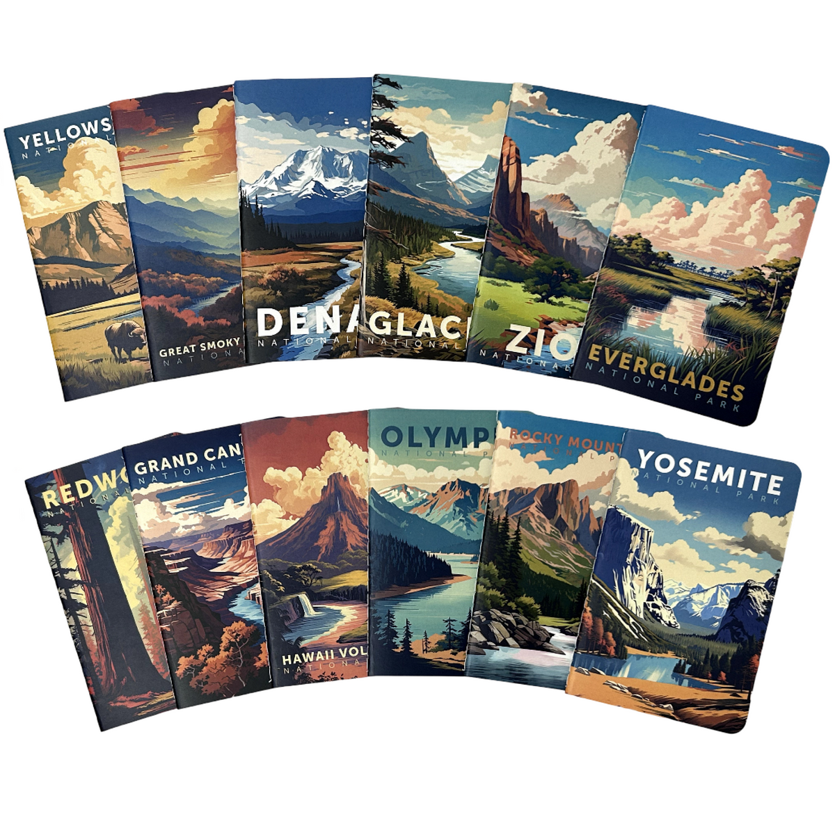Twelve national park pocket notebooks fanned out in two rows showing their travel poster covers.
