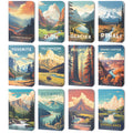 Set of 12 national park pocket notebooks with vintage travel poster covers arranged in a grid.