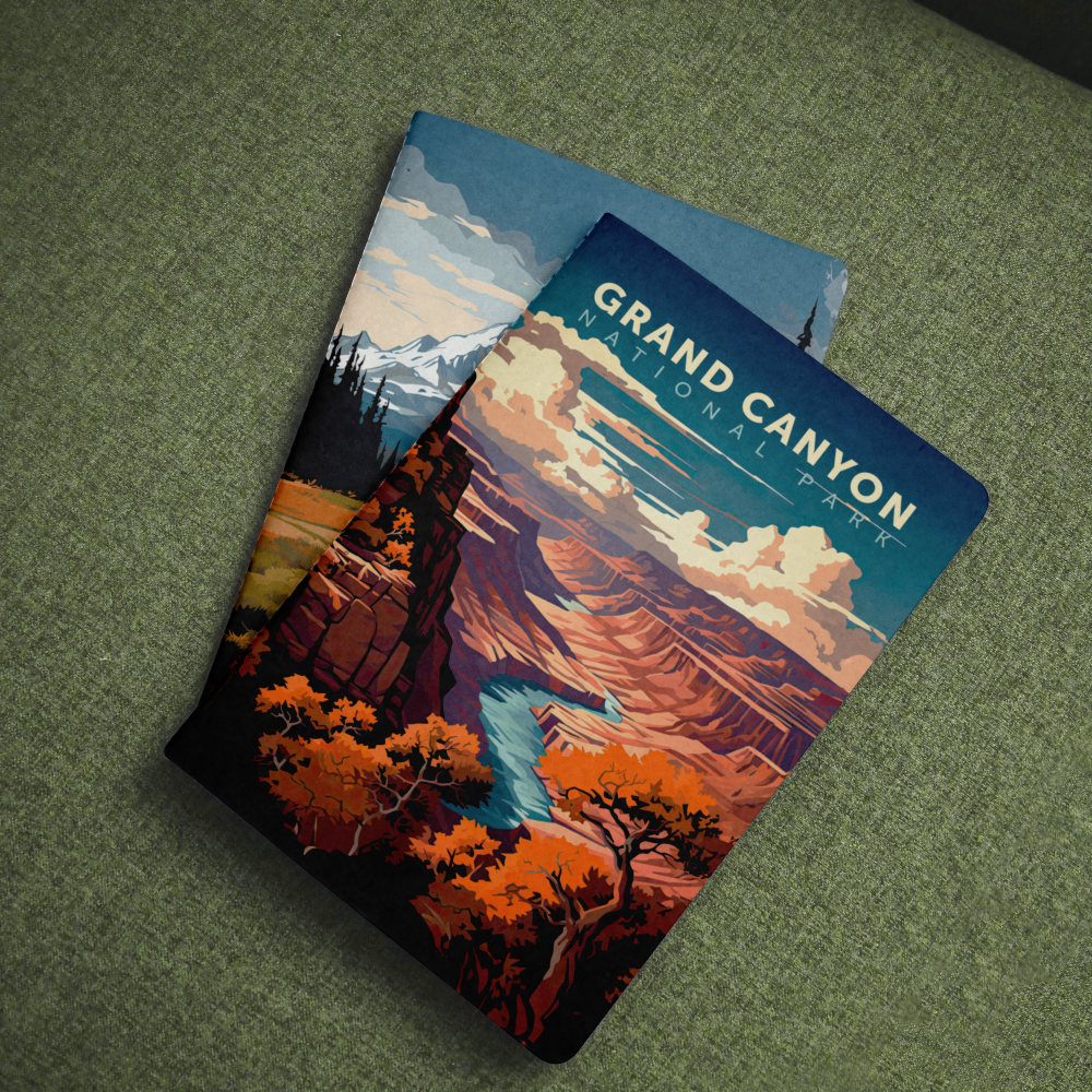 Grand Canyon National Park pocket notebook with a red canyon and river cover on green fabric.