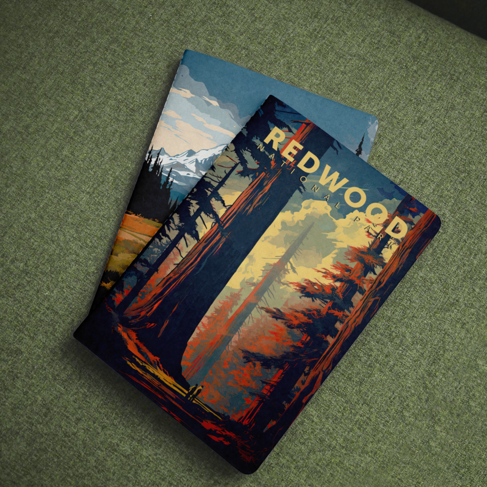 Redwood National Park pocket notebook with a towering redwood forest cover on green fabric.