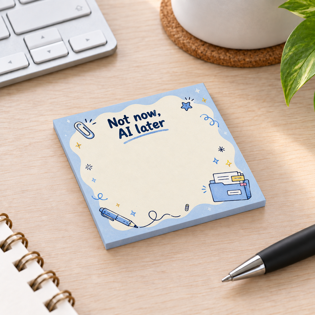 Close-up of "Not Now, AI Later" Blue File Folder sticky note design and writable area