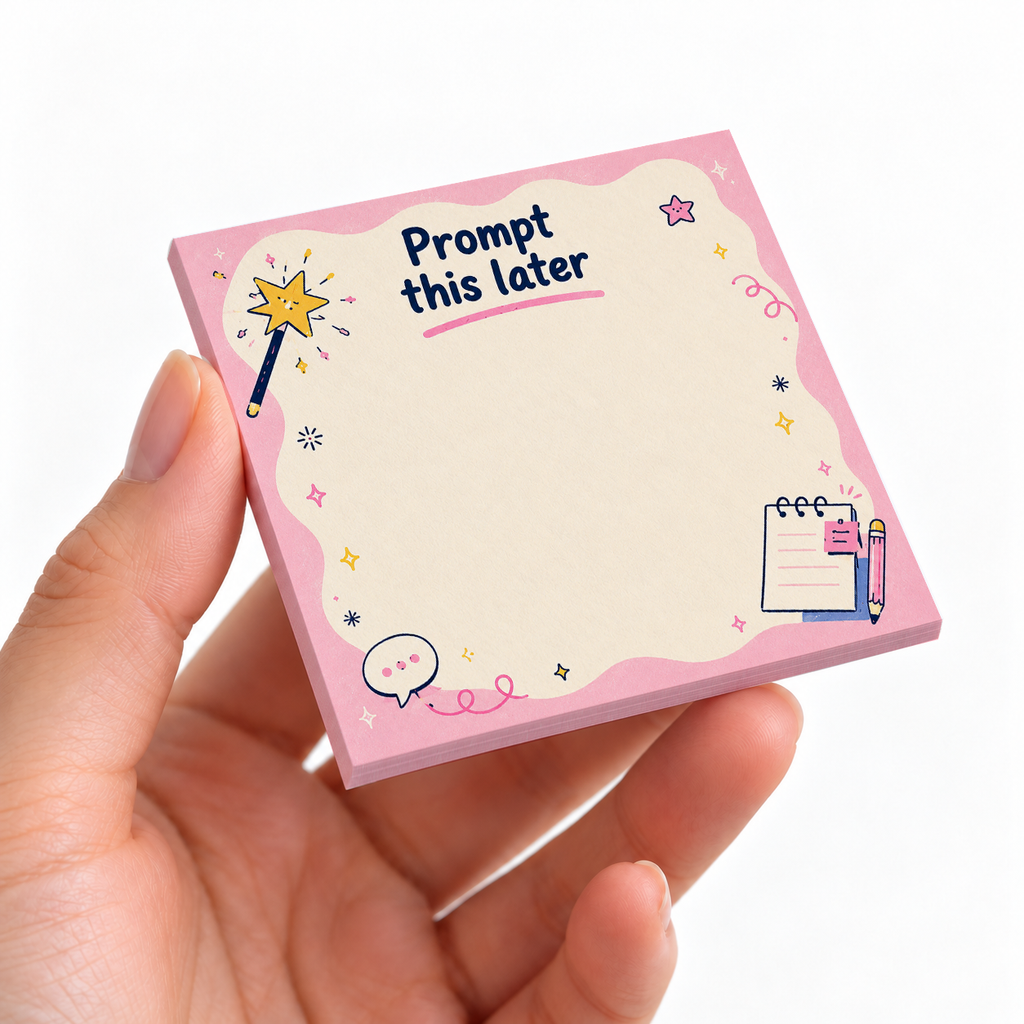 "Prompt This Later" Pink Magic Wand sticky note pad on a desk with stationery