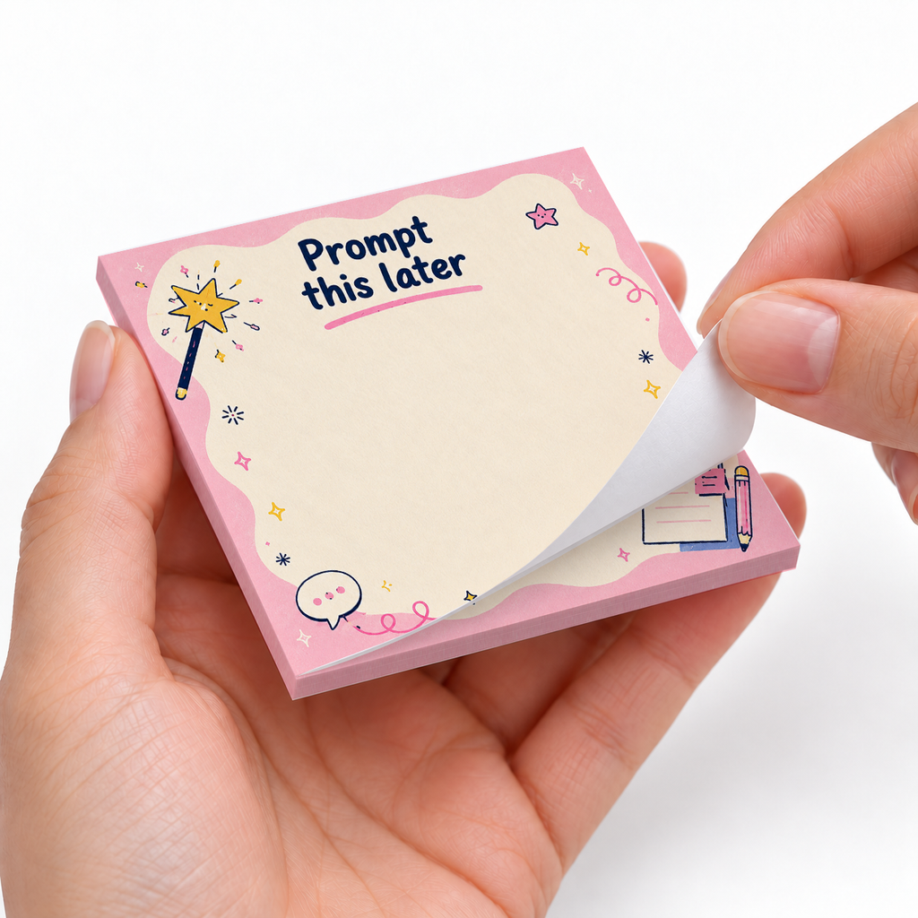 "Prompt This Later" Pink Magic Wand sticky notes styled with a planner and desk accessories