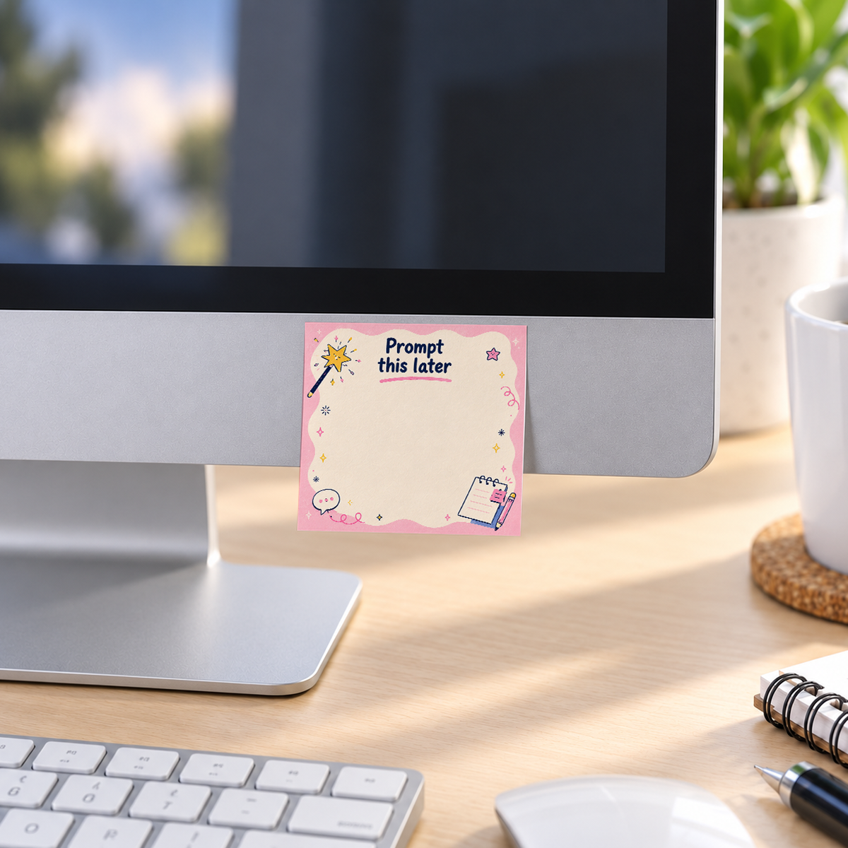 "Prompt This Later" Pink Magic Wand memo pad in an office or home workspace