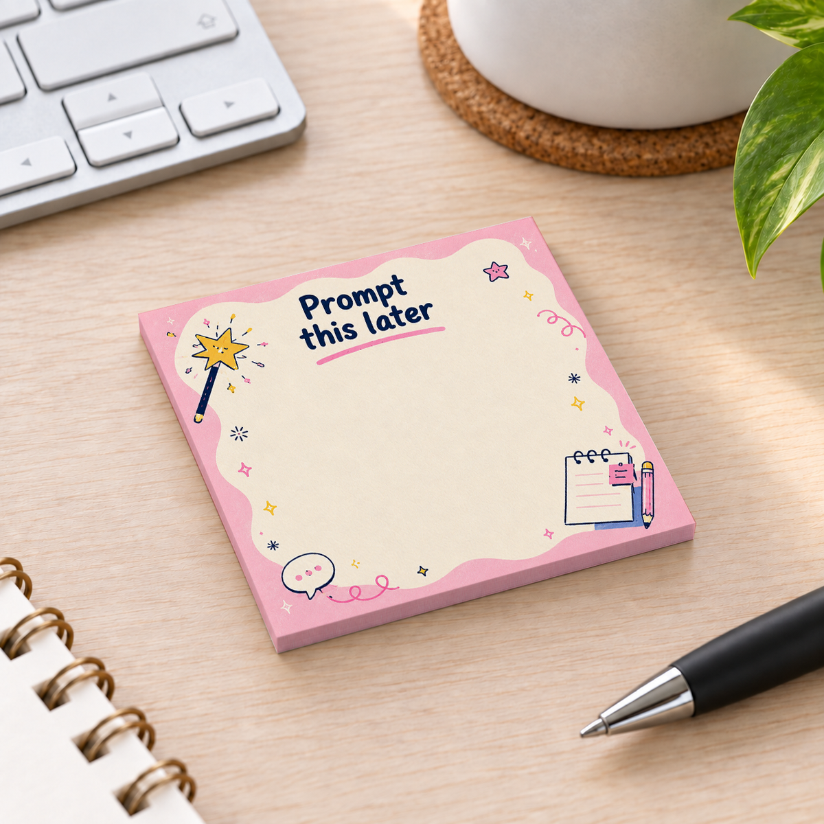 Close-up of "Prompt This Later" Pink Magic Wand sticky note design and writable area