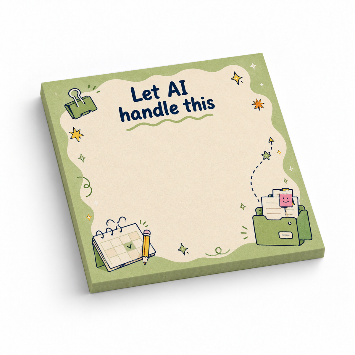 "Let AI Handle This" Green Smiley Folder 3x3 sticky notes, 50-sheet memo pad