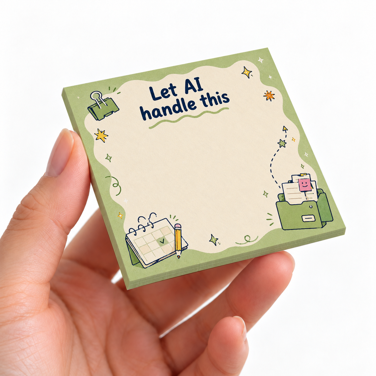 "Let AI Handle This" Green Smiley Folder sticky note pad on a desk with stationery