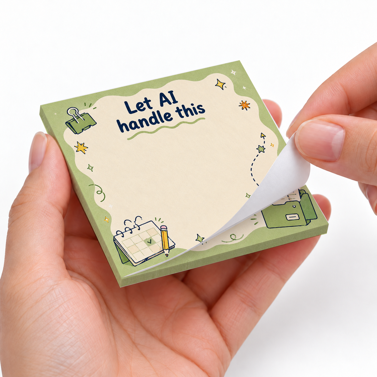 "Let AI Handle This" Green Smiley Folder sticky notes styled with a planner and desk accessories