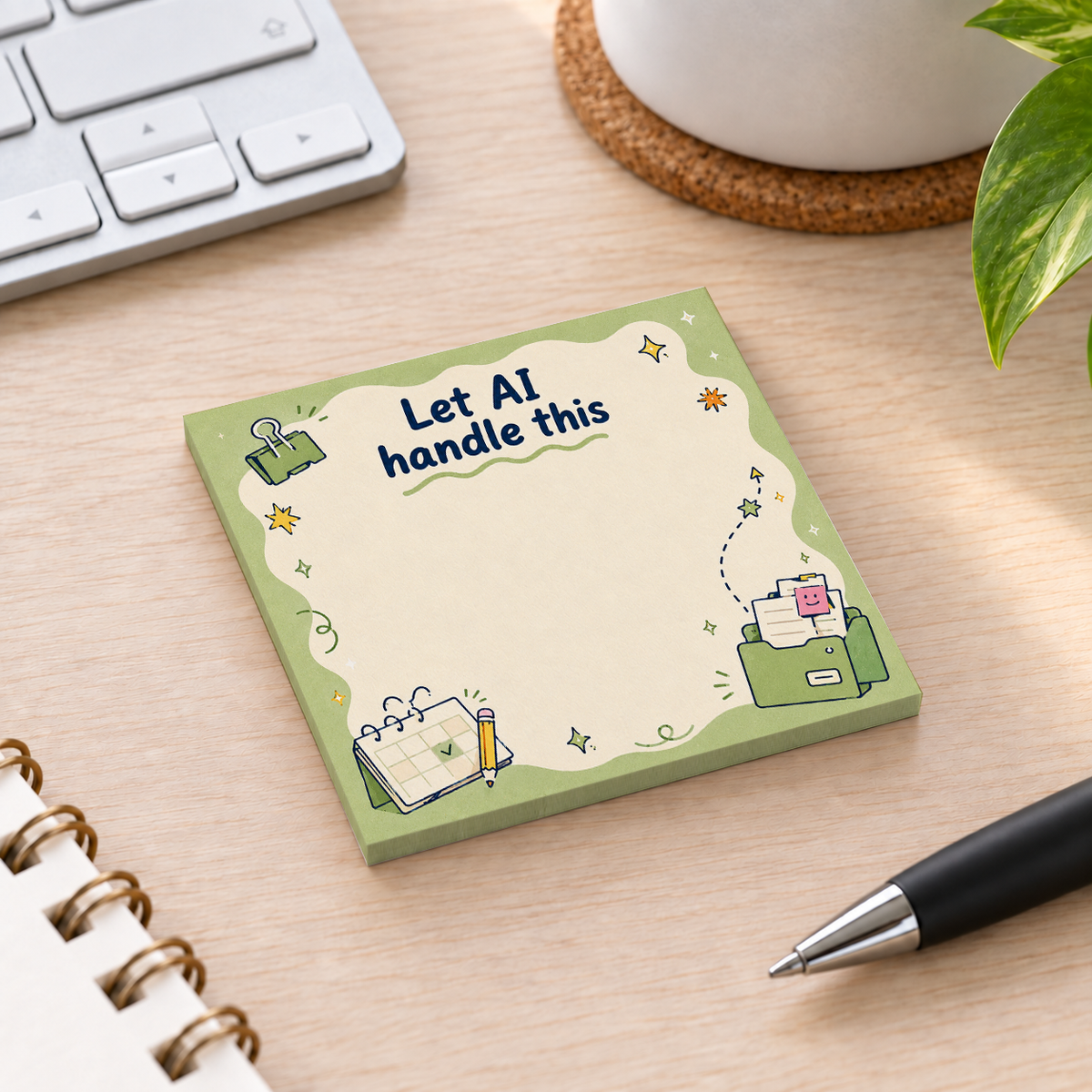 Close-up of "Let AI Handle This" Green Smiley Folder sticky note design and writable area