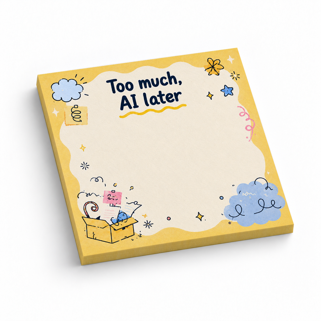 "Too Much, AI Later" Overwhelmed Box 3x3 sticky notes, 50-sheet memo pad