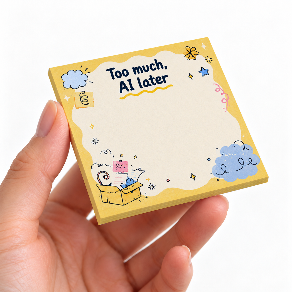 "Too Much, AI Later" Overwhelmed Box sticky note pad on a desk with stationery