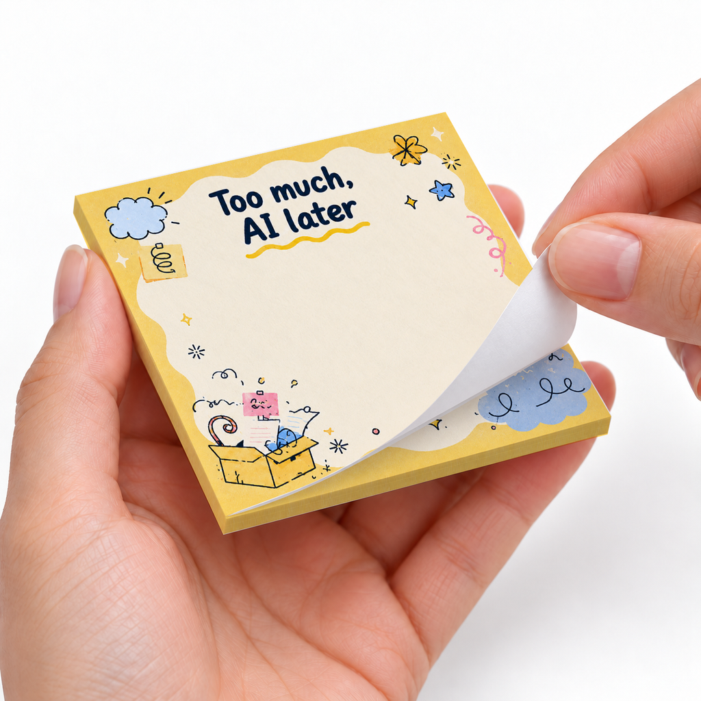 "Too Much, AI Later" Overwhelmed Box sticky notes styled with a planner and desk accessories
