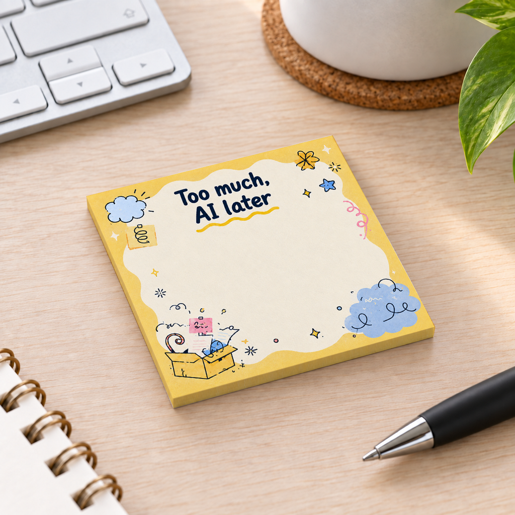 Close-up of "Too Much, AI Later" Overwhelmed Box sticky note design and writable area