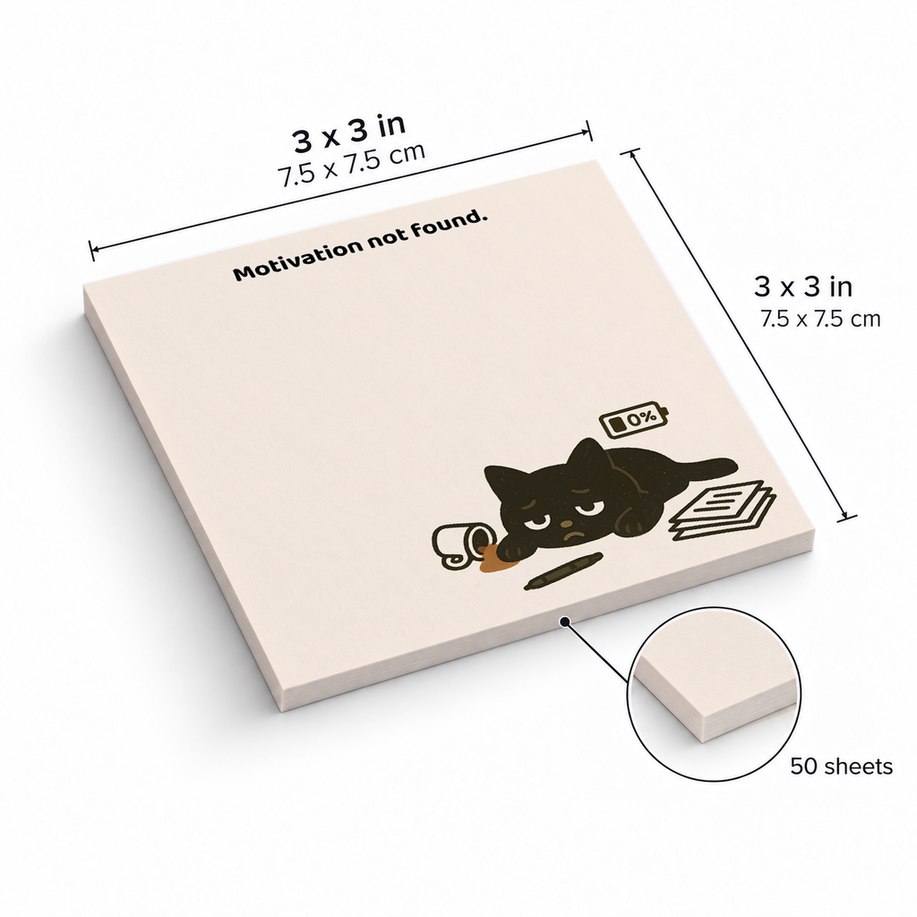 Motivation Not Found Black Cat sticky notes, 3x3 in (7.5 x 7.5 cm), 50 sheets