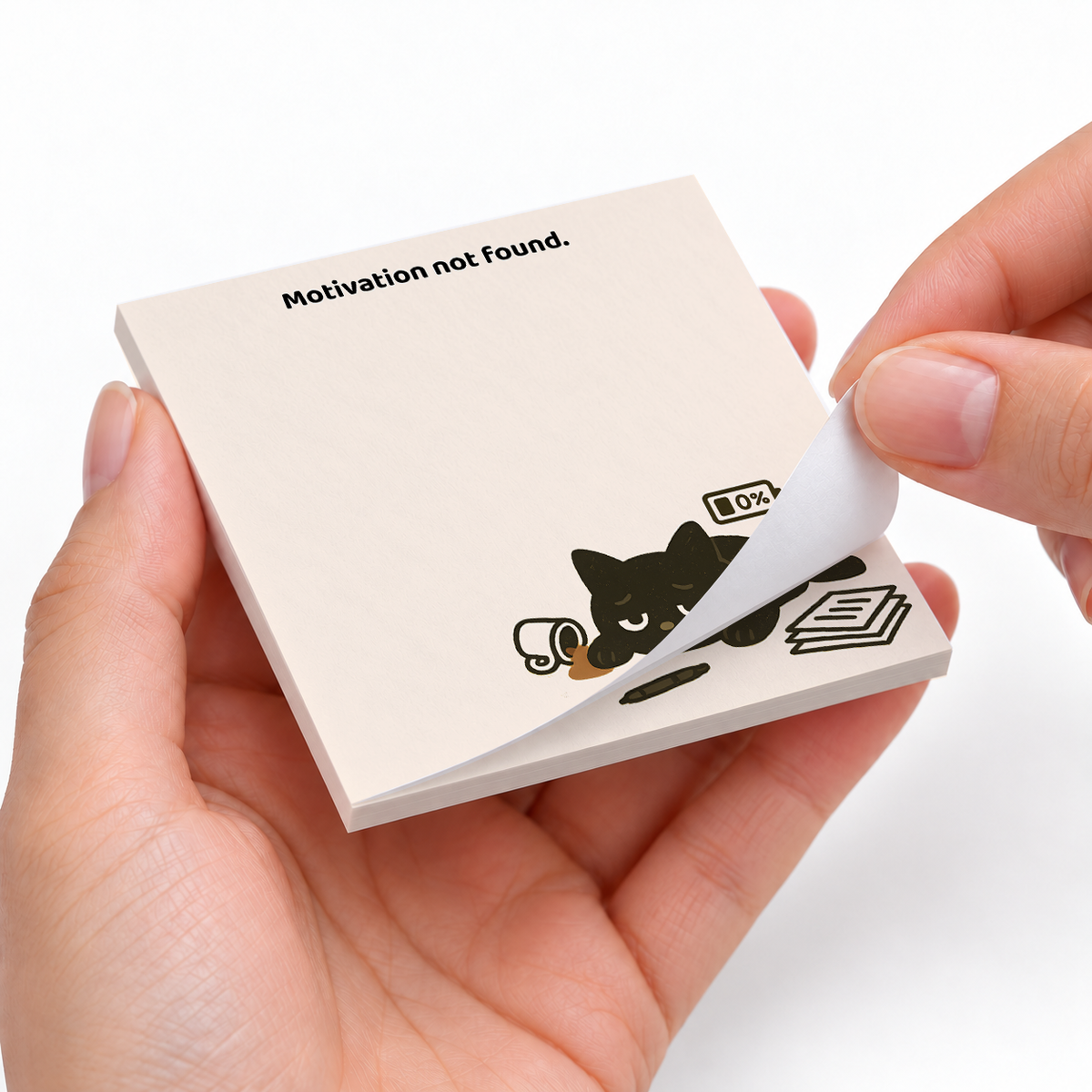Motivation Not Found Black Cat sticky notes styled with a planner and desk accessories