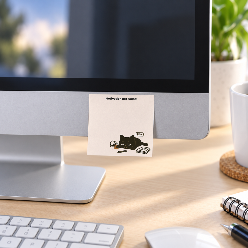 Motivation Not Found Black Cat memo pad in an office or home workspace