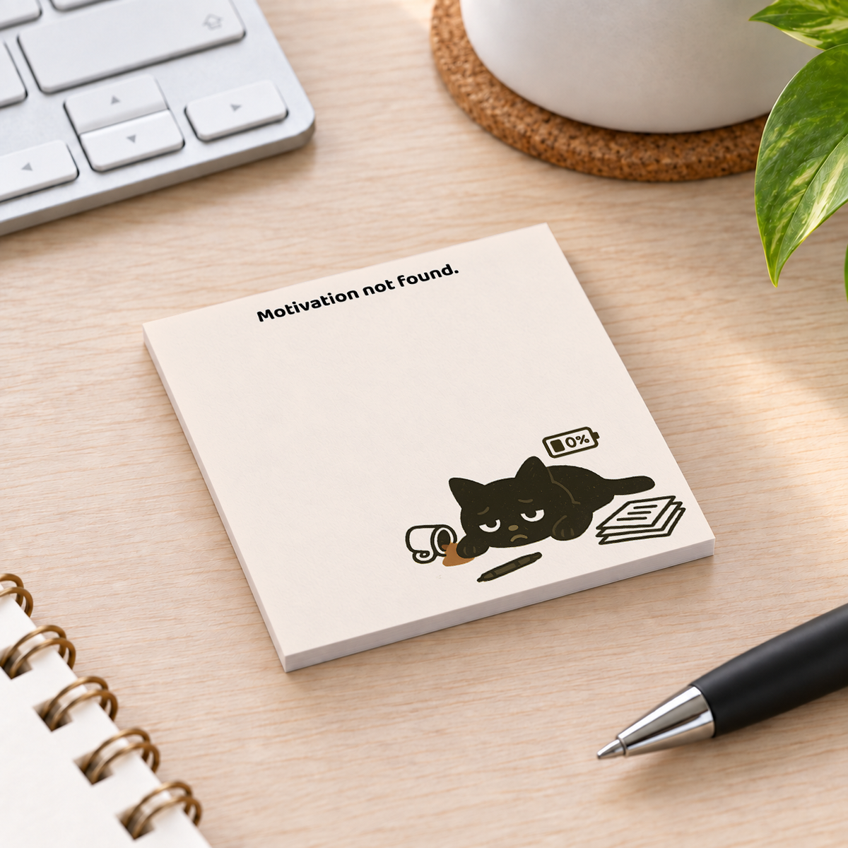 Close-up of Motivation Not Found Black Cat sticky note design and writable area