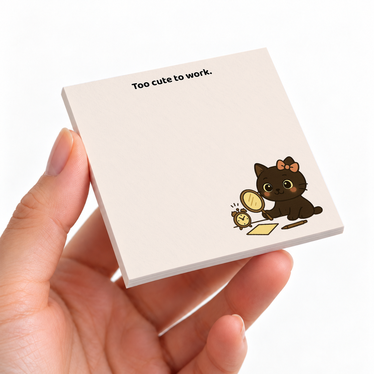 Too Cute To Work Cat sticky note pad on a desk with stationery
