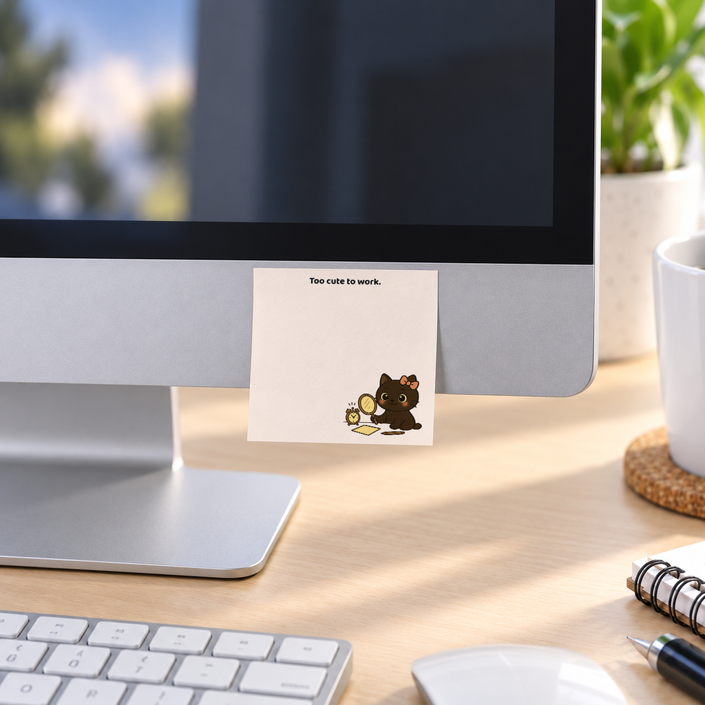 Too Cute To Work Cat memo pad in an office or home workspace