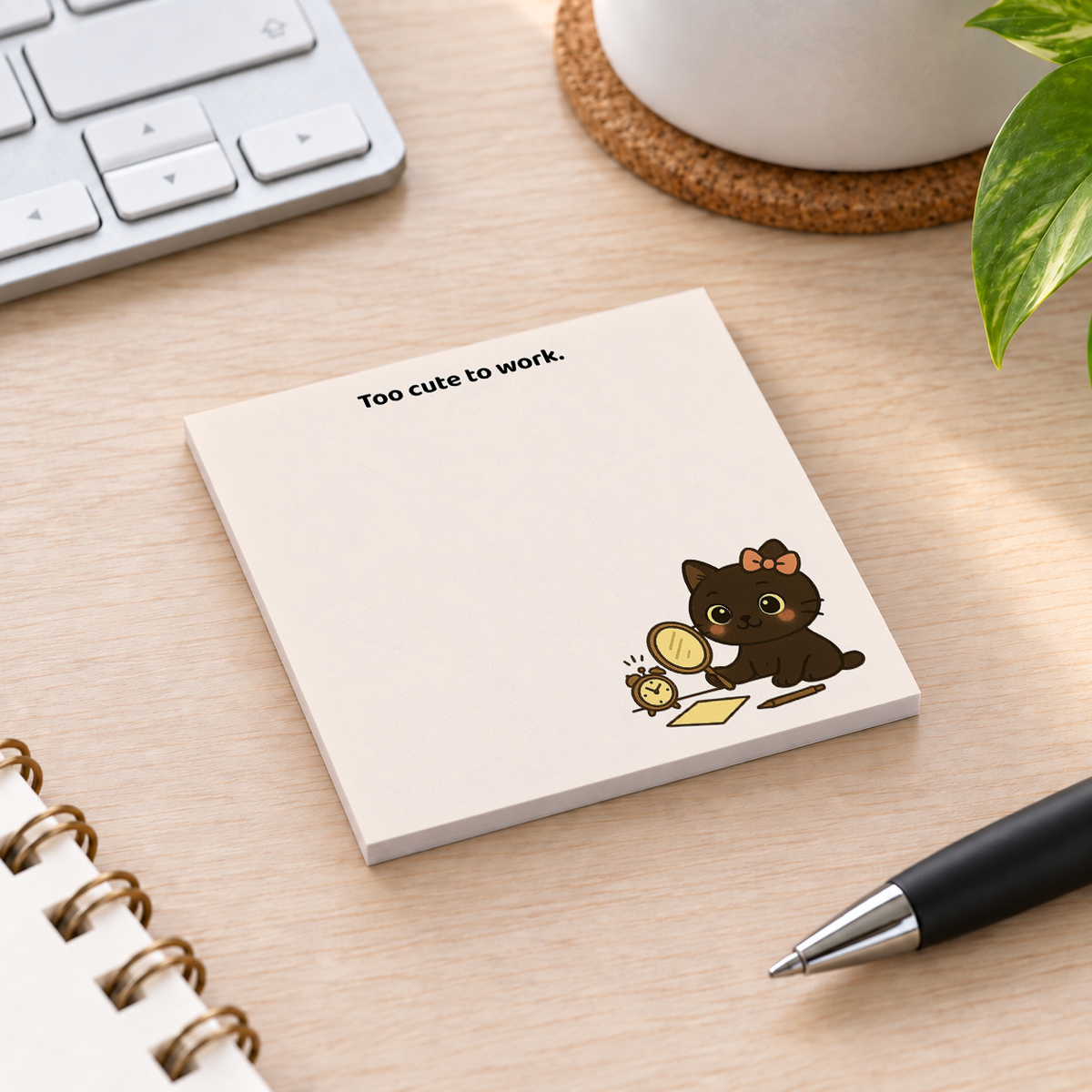 Close-up of Too Cute To Work Cat sticky note design and writable area