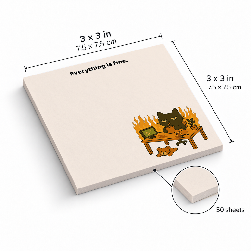 Everything Is Fine Fire Cat sticky notes, 3x3 in (7.5 x 7.5 cm), 50 sheets