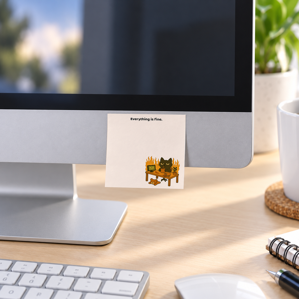 Everything Is Fine Fire Cat memo pad in an office or home workspace