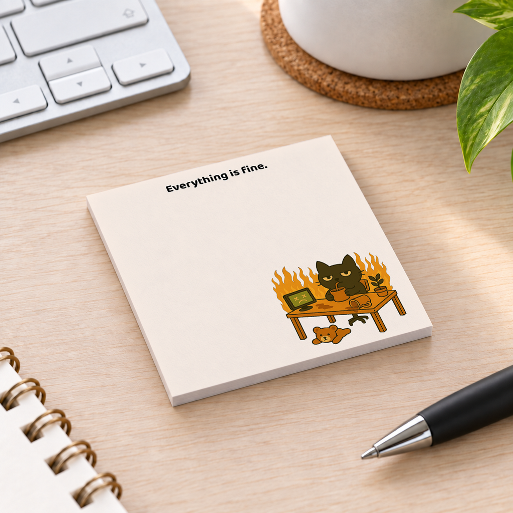 Close-up of Everything Is Fine Fire Cat sticky note design and writable area