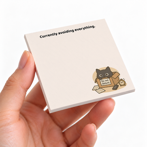 Avoiding Everything Cat sticky note pad on a desk with stationery