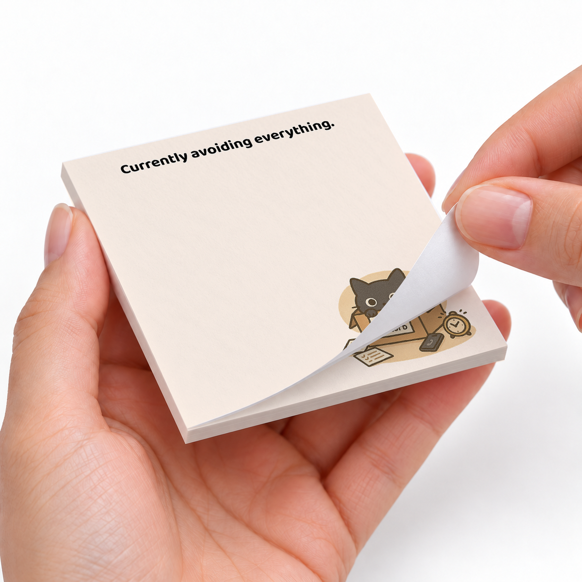 Avoiding Everything Cat sticky notes styled with a planner and desk accessories