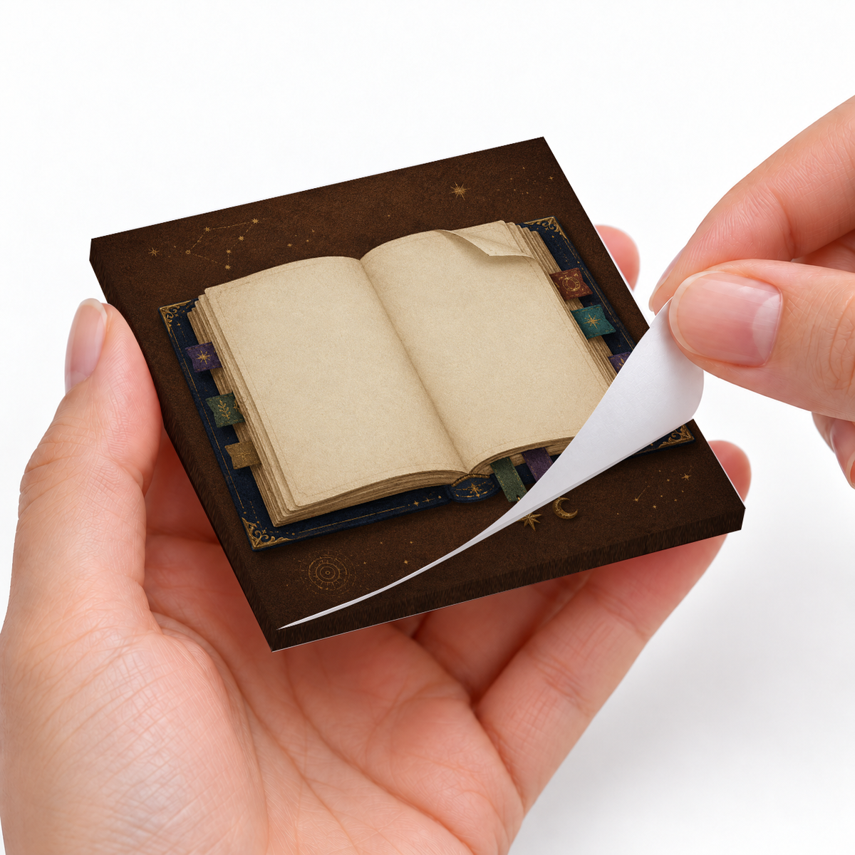 Celestial Spellbook sticky notes styled with a planner and desk accessories