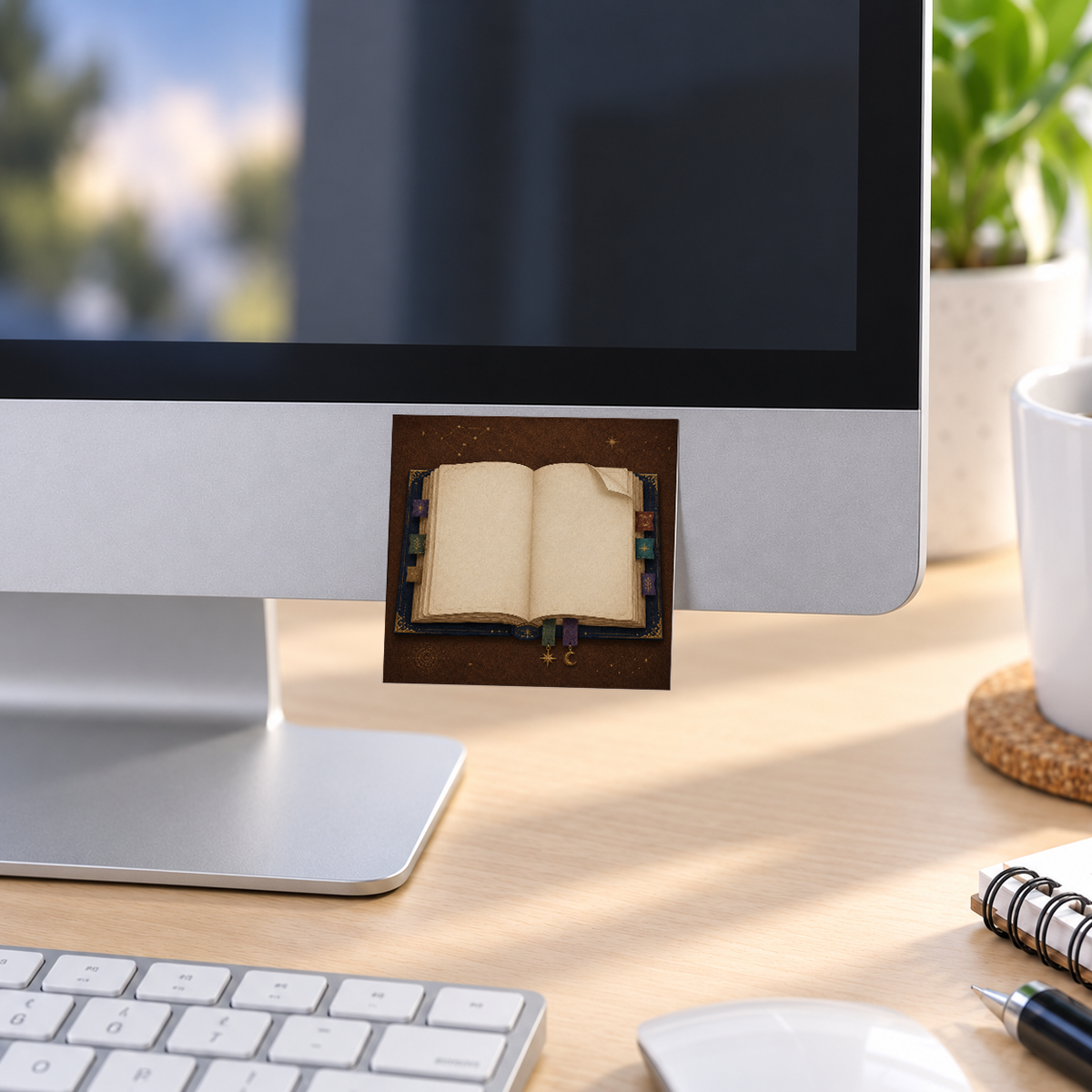 Celestial Spellbook memo pad in an office or home workspace