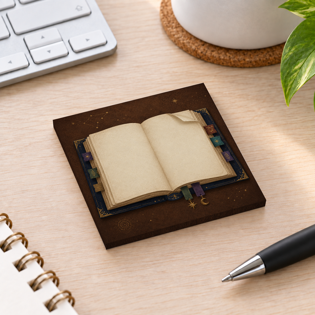 Close-up of Celestial Spellbook sticky note design and writable area