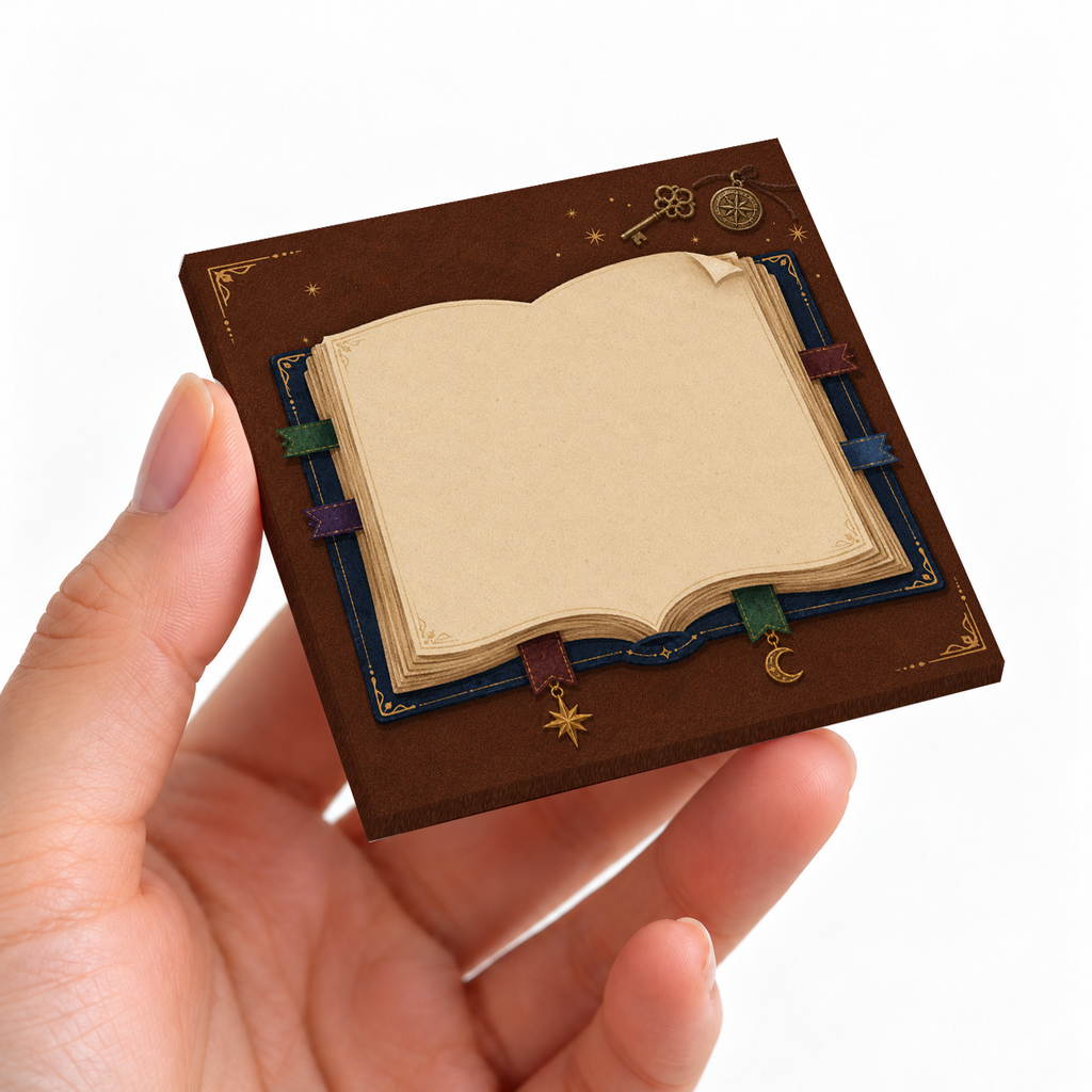 Vintage Key & Compass sticky note pad on a desk with stationery