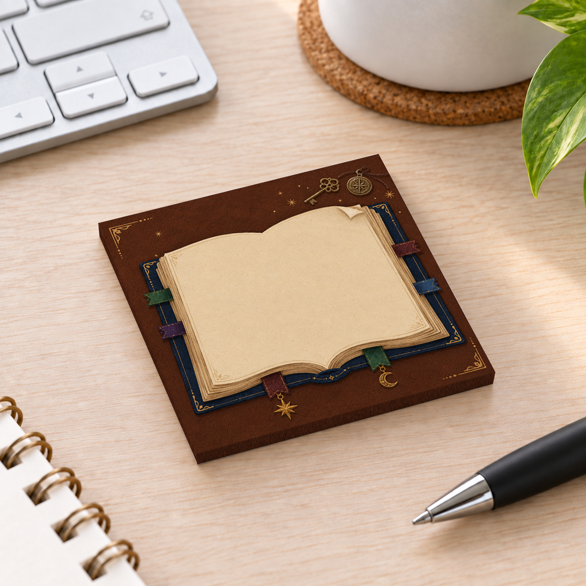 Close-up of Vintage Key & Compass sticky note design and writable area
