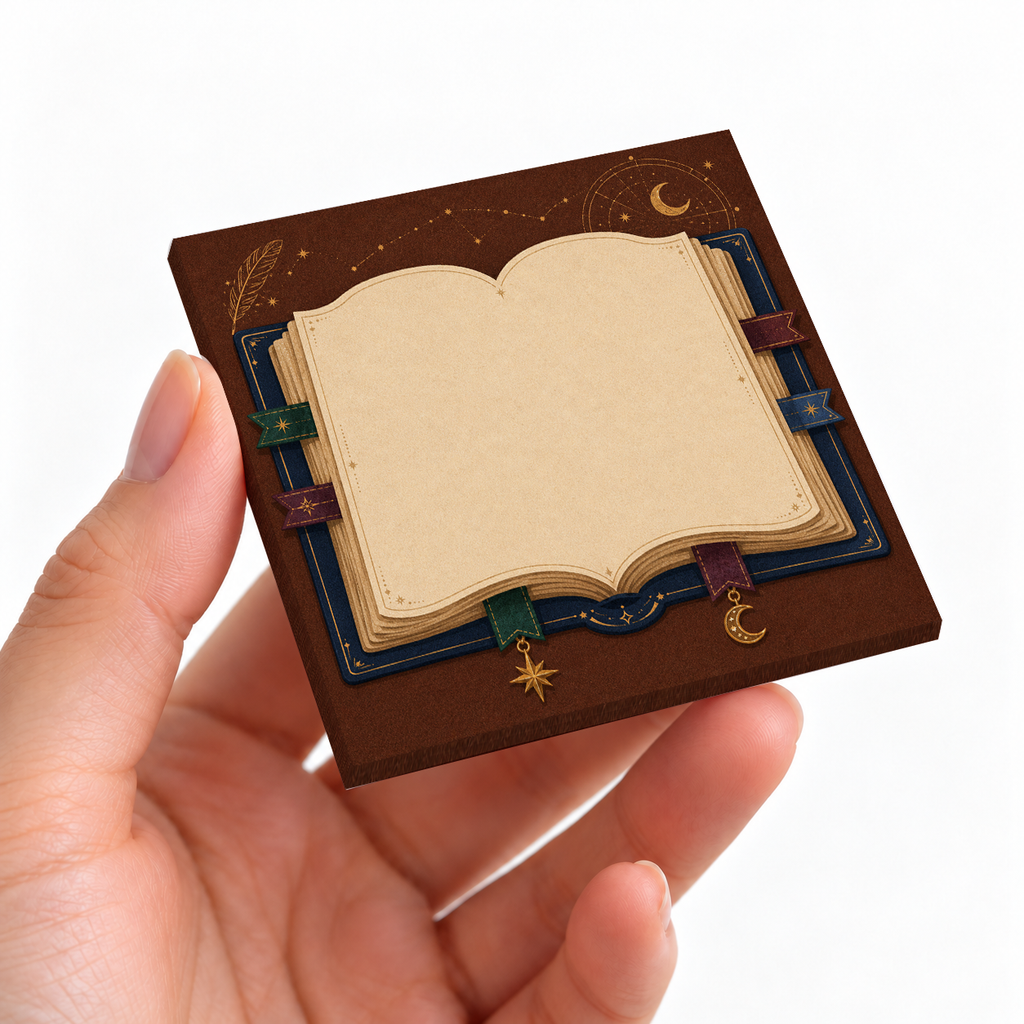 Quill & Astrolabe sticky note pad on a desk with stationery