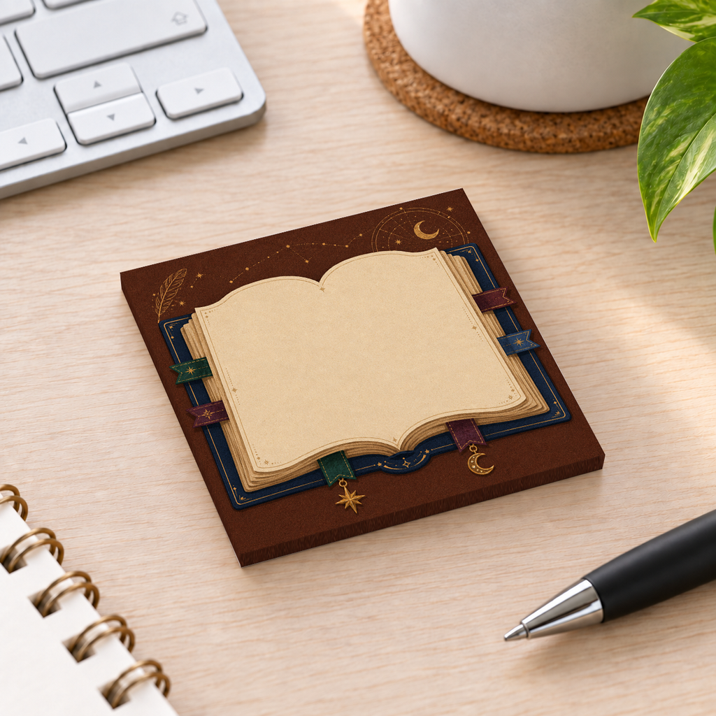 Close-up of Quill & Astrolabe sticky note design and writable area