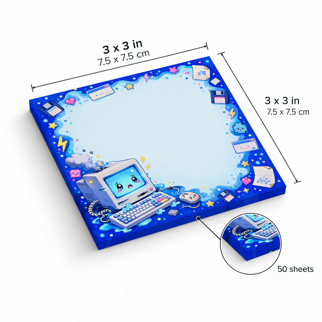 Blue Retro Computer Kawaii sticky notes, 3x3 in (7.5 x 7.5 cm), 50 sheets