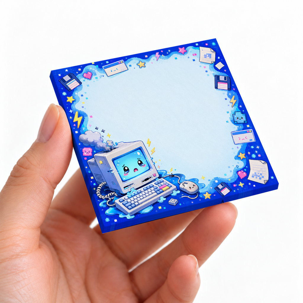 Blue Retro Computer Kawaii sticky note pad on a desk with stationery