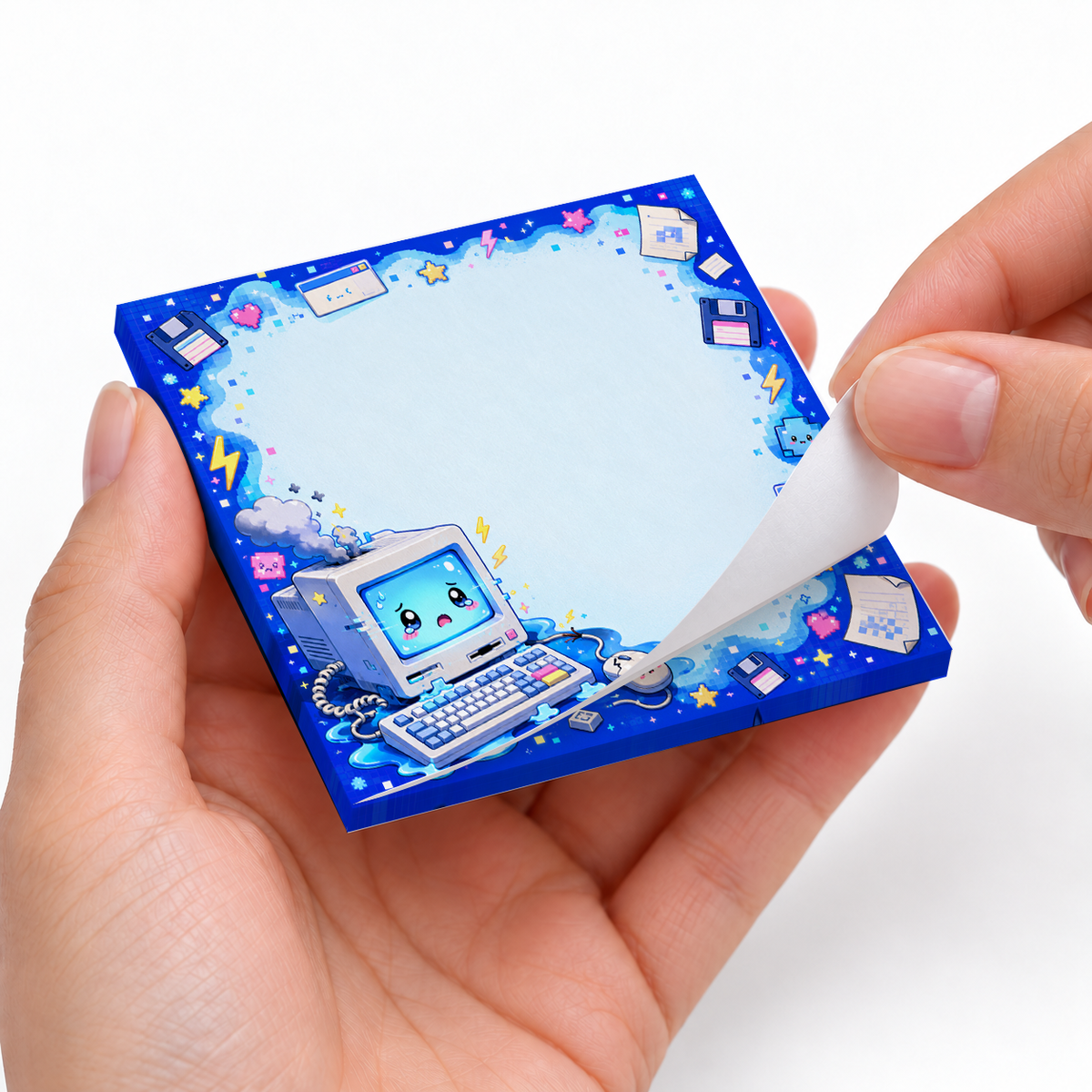 Blue Retro Computer Kawaii sticky notes styled with a planner and desk accessories