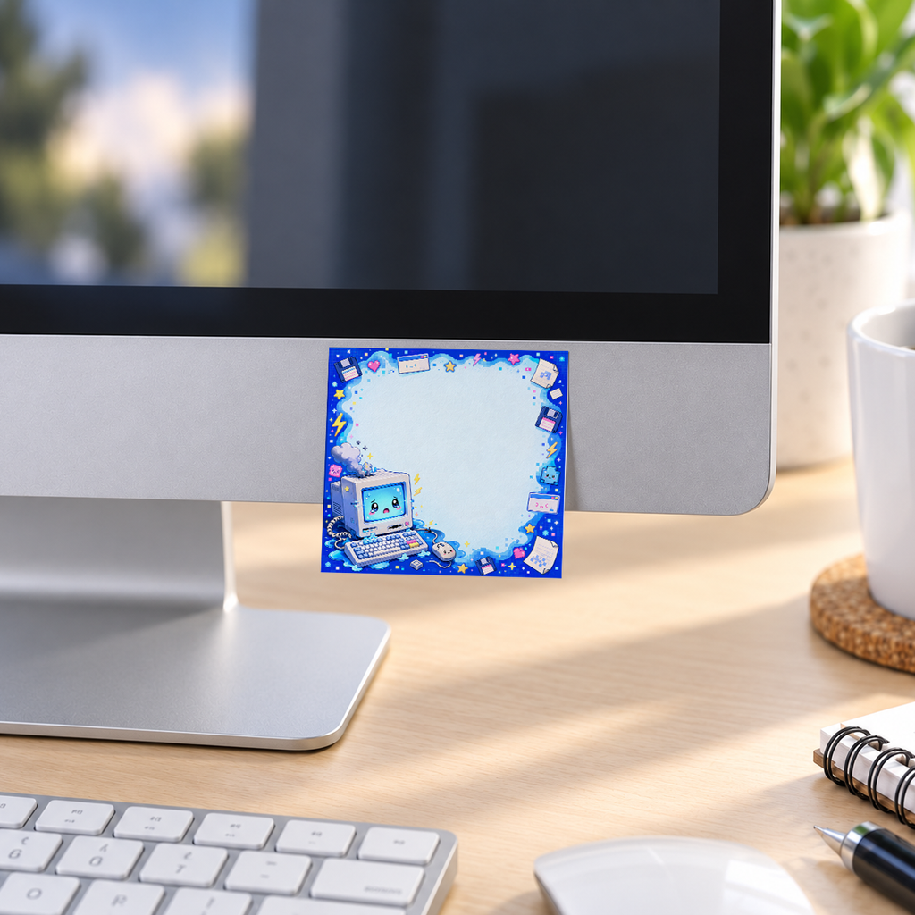Blue Retro Computer Kawaii memo pad in an office or home workspace