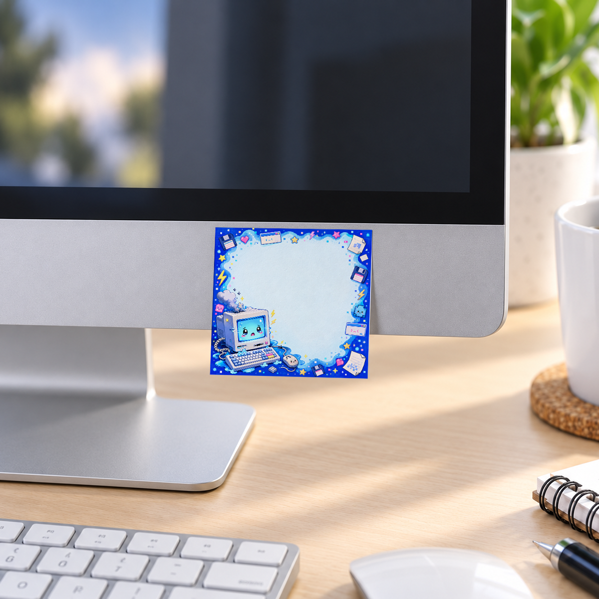 Blue Retro Computer Kawaii memo pad in an office or home workspace