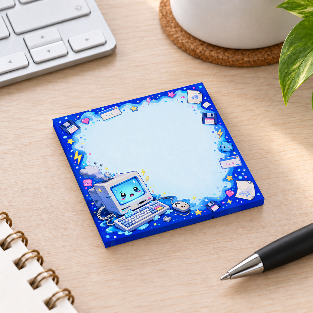 Close-up of Blue Retro Computer Kawaii sticky note design and writable area