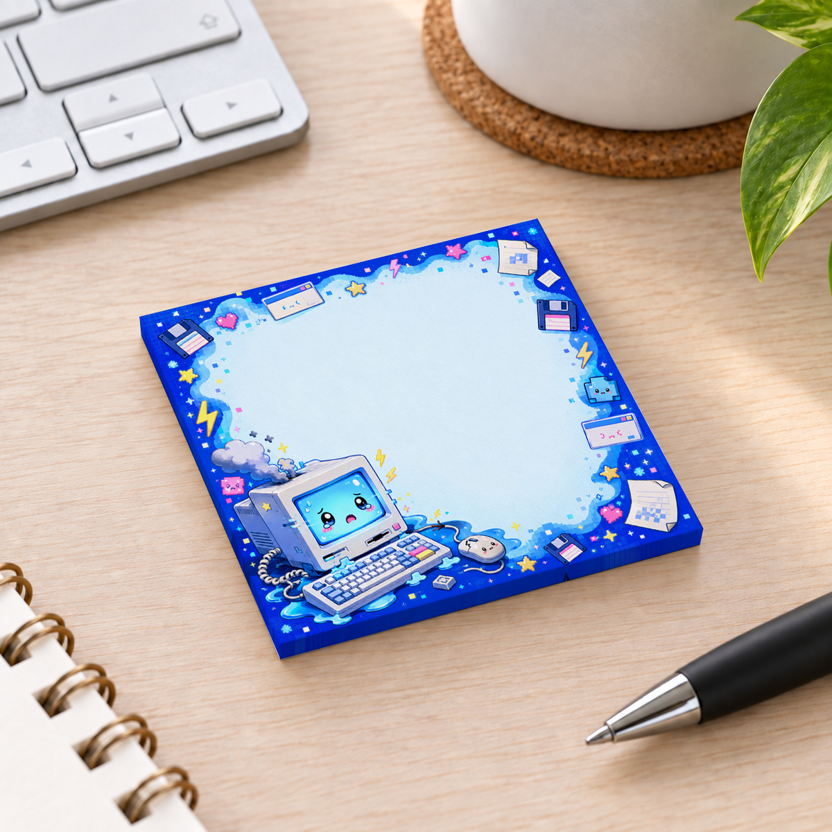 Close-up of Blue Retro Computer Kawaii sticky note design and writable area